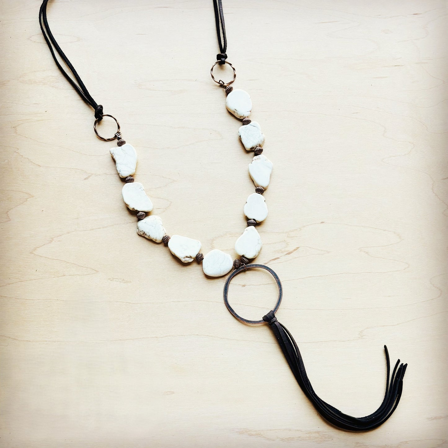 White Turquoise Chunky Necklace with Leather Tassel 225K