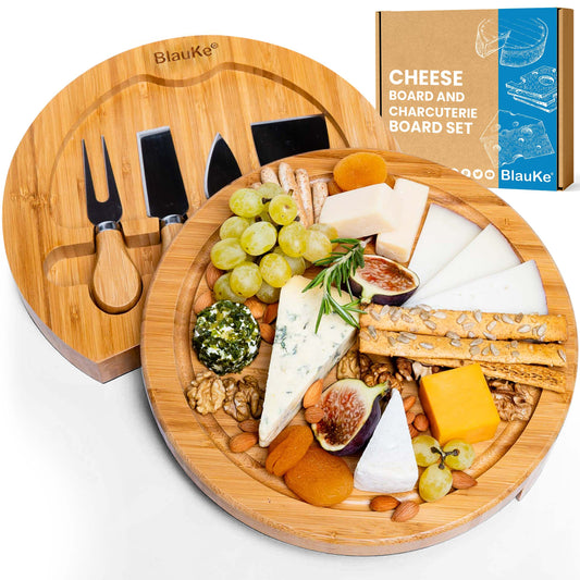 Bamboo Cheese Board and Knife Set - 10 Inch Swiveling Charcuterie Board with Slide-Out Drawer