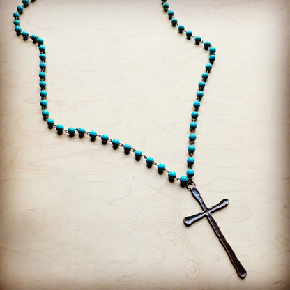 Turquoise Long Beaded Necklace with Antique Copper Cross 255r