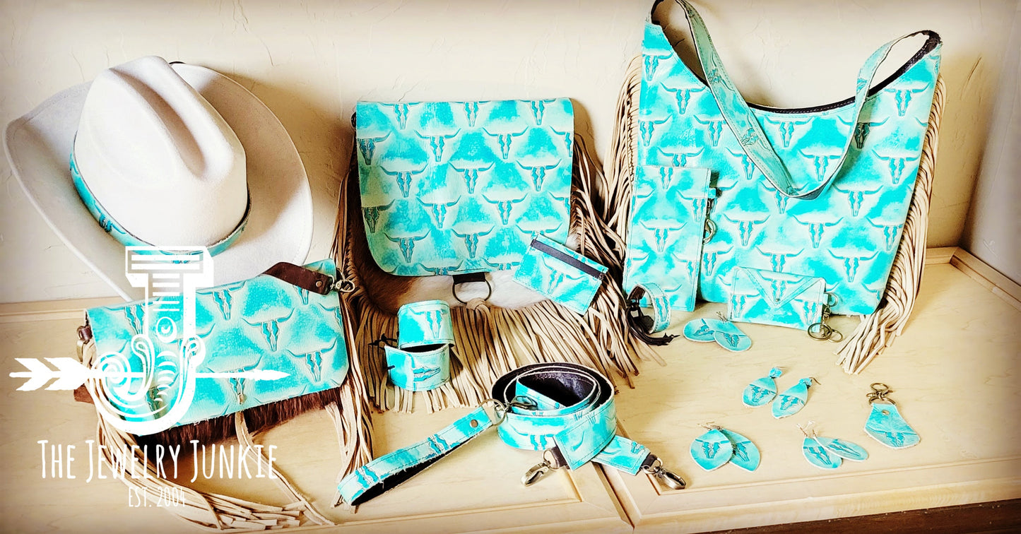 **Narrow Leather Cuff w/ Adjustable Tie Turquoise Steer Head 013j