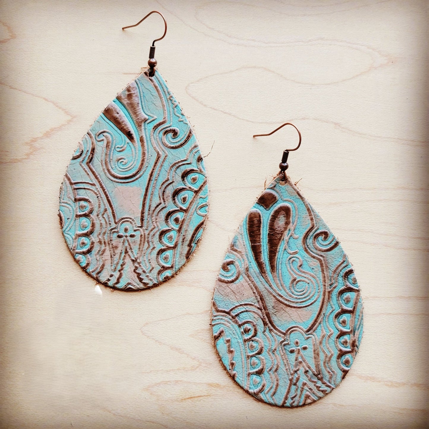 **Leather Teardrop Earring-Napolis Turquoise and Brown 210k