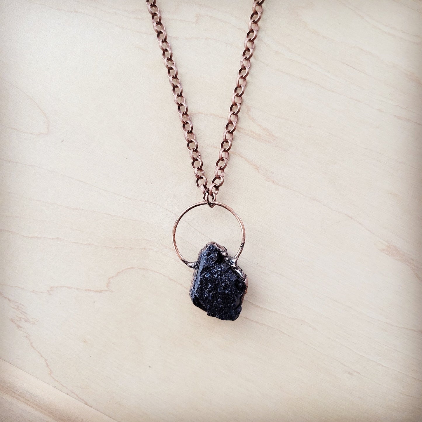 Long Copper Necklace with Black Agate Pendant 261r