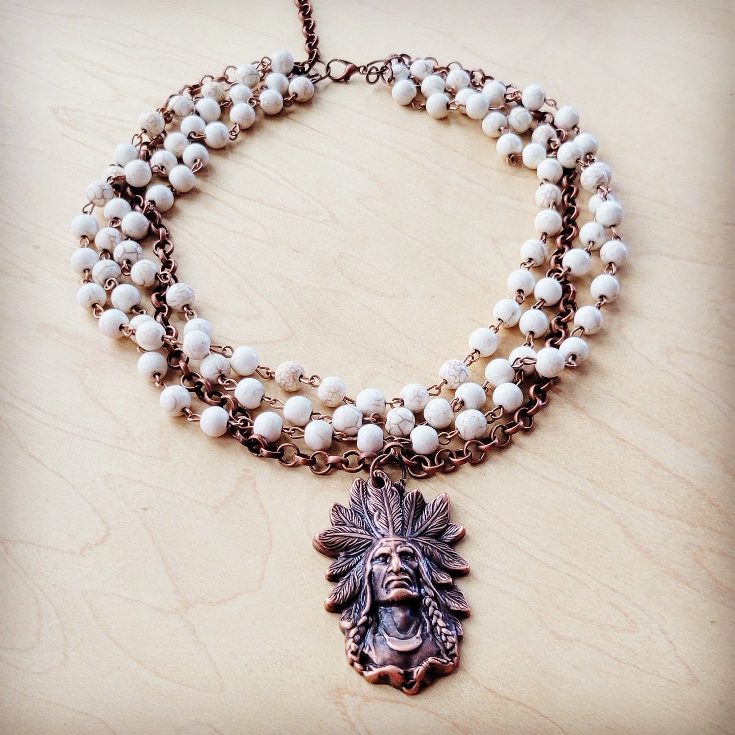 White Turquoise Beaded Collar Necklace w/ Indian Pendant 260x