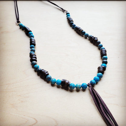 Ocean Agate Necklace with Wood Beads and Leather Tassel 260b