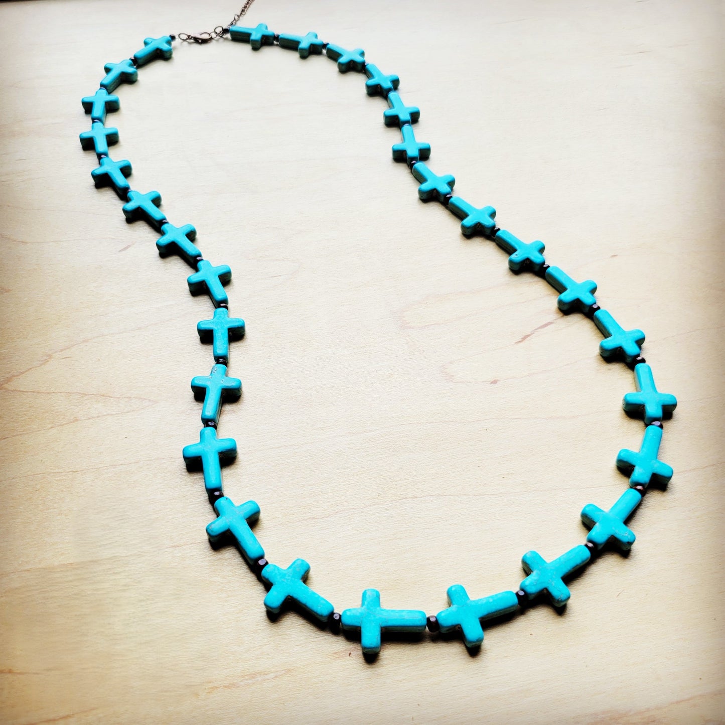 Blue Turquoise & Wood Beaded Cross Necklace 258n