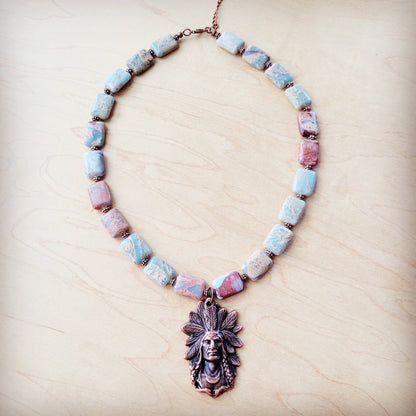 Genuine Aqua Terra Collar Necklace w/ Copper Indian Pendant 261n