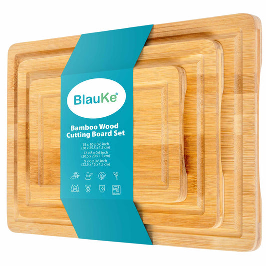 Wooden Cutting Boards for Kitchen with Juice Groove and Handles - Bamboo Chopping Boards Set of 3 - Wood Serving Trays