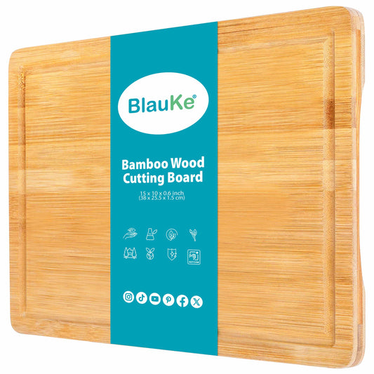 Wood Cutting Board for Kitchen 15x10 inch - Wooden Serving Tray - Large Bamboo Chopping Board with Juice Groove and Handles