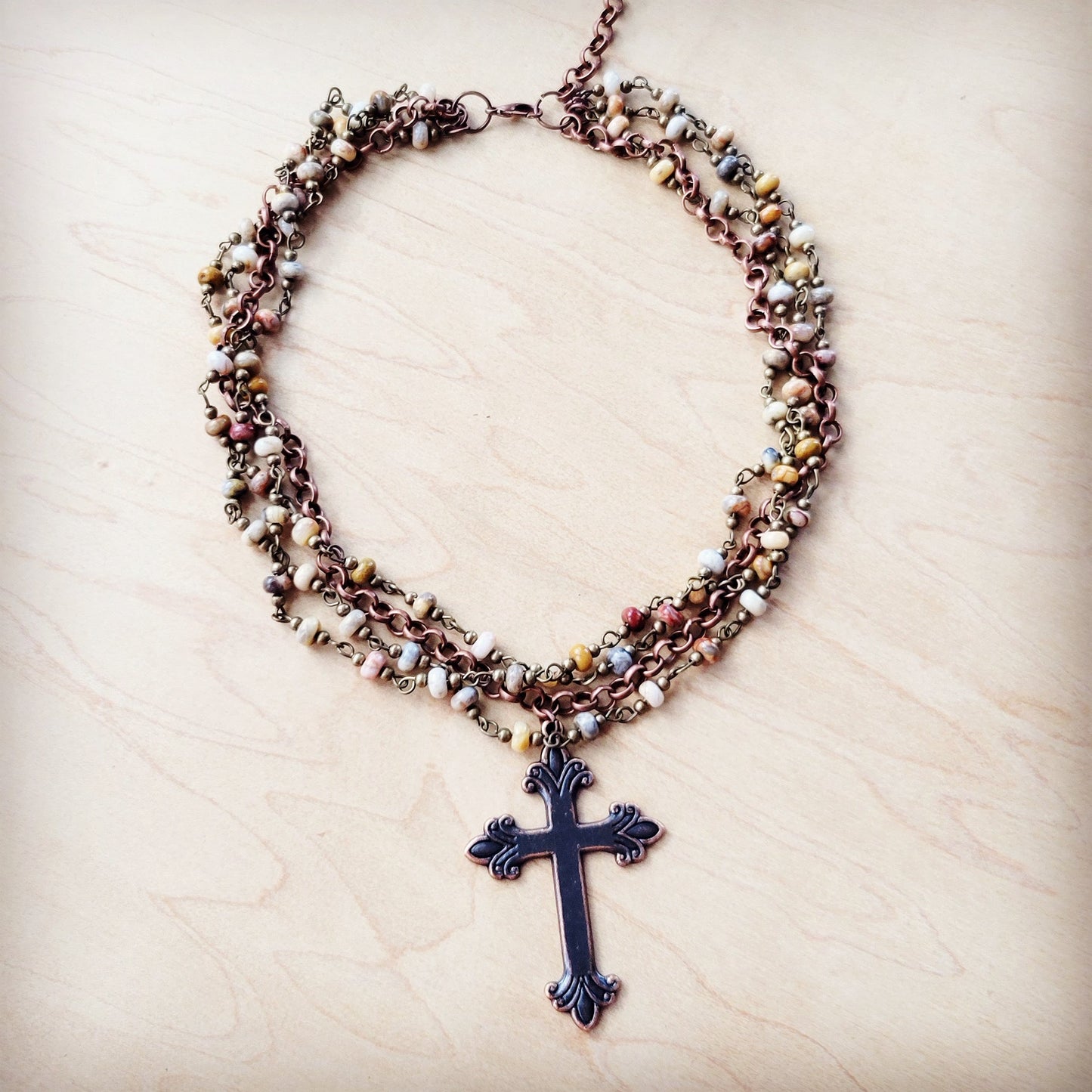 Natural Agate Beaded Collar Necklace w/ Cross Pendant 261d