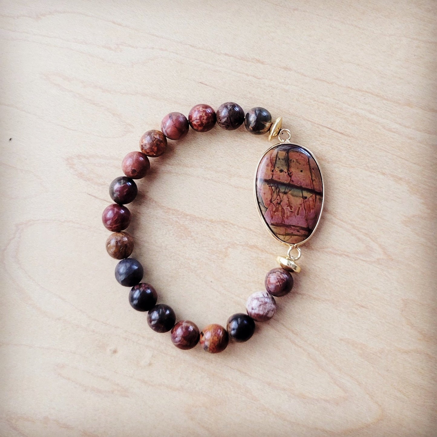 Picasso Jasper Beaded Bracelet with Center Agate Stone Accent 810z