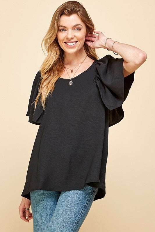 Black Flutter Sleeve Blouse