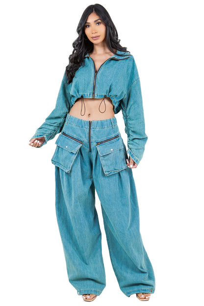 WOMEN FASHION DENIM TWO PIECE PANT SET