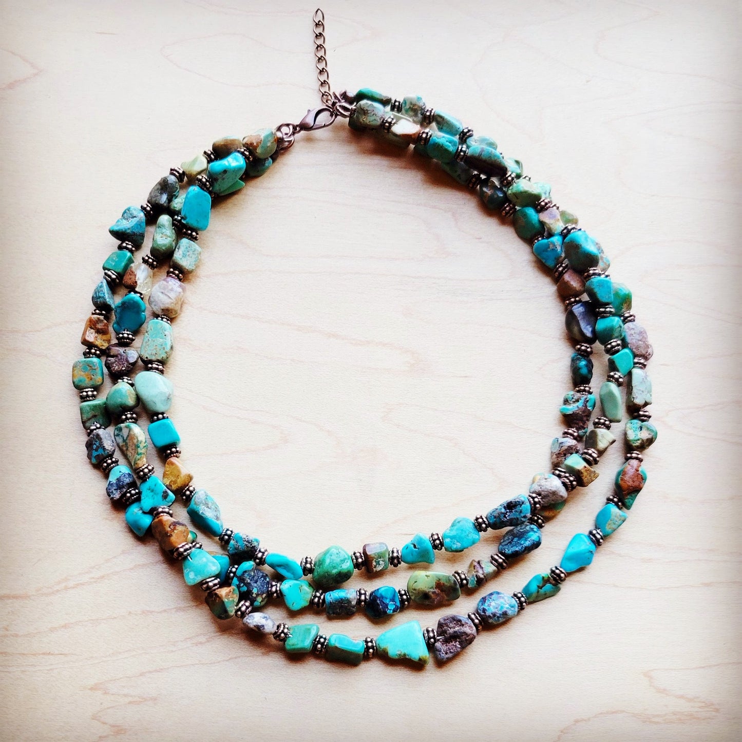 Genuine HuBei Turquoise & Copper Triple Strand Necklace 259t