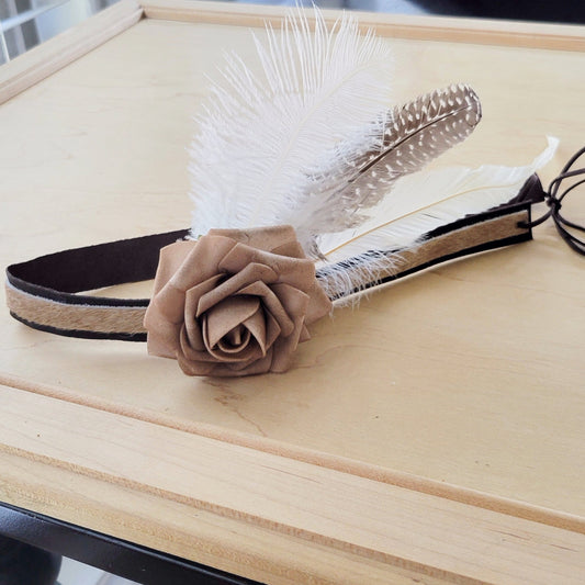 Leather Hat Band w/ Silk Flower & Feathers-Coffee (Band Only) 952y