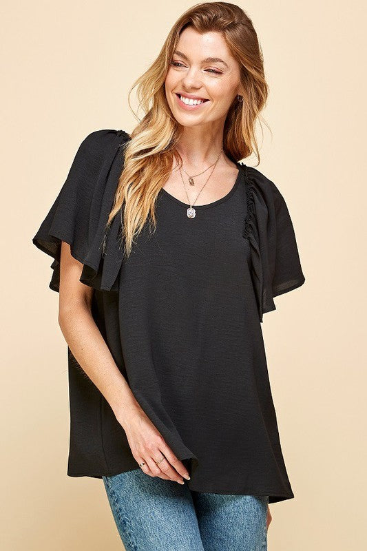 Black Flutter Sleeve Blouse