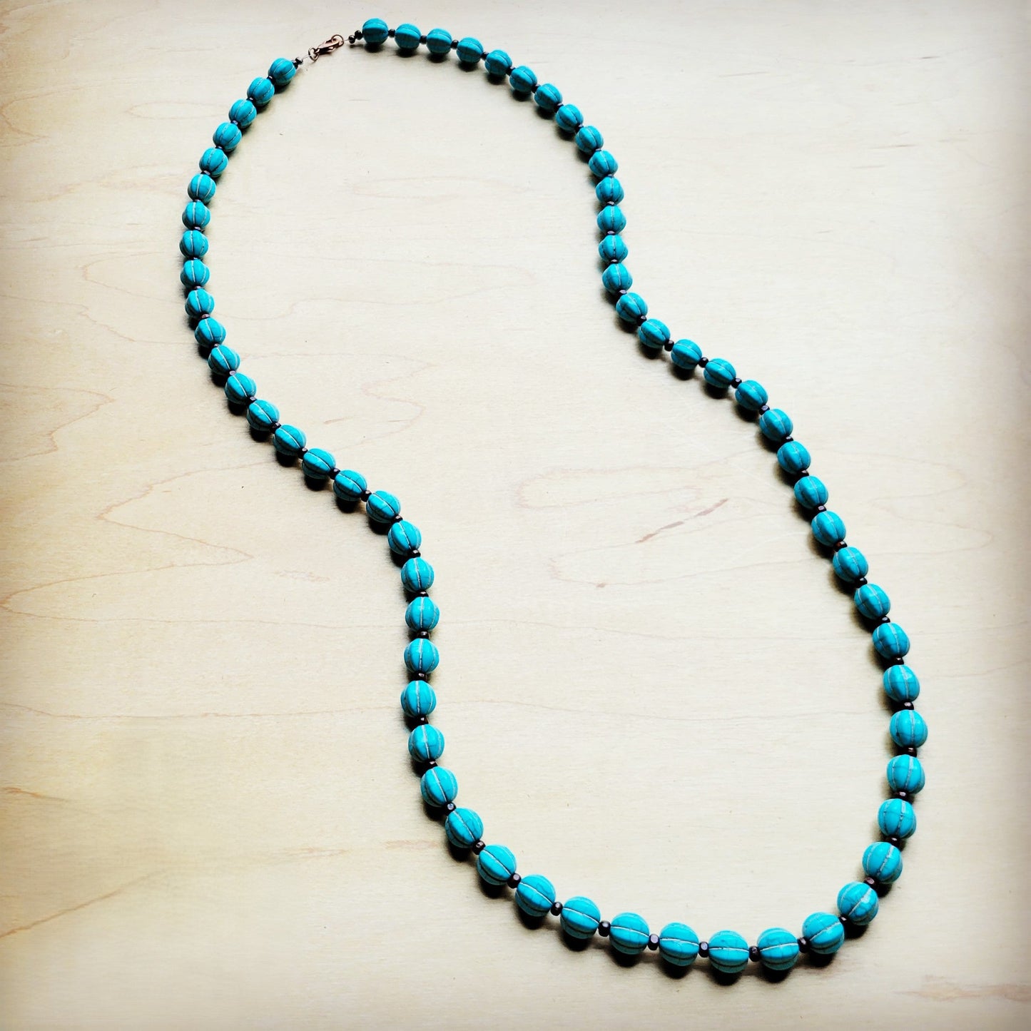 **Blue Turquoise & Wood Melon Beaded Necklace 258q