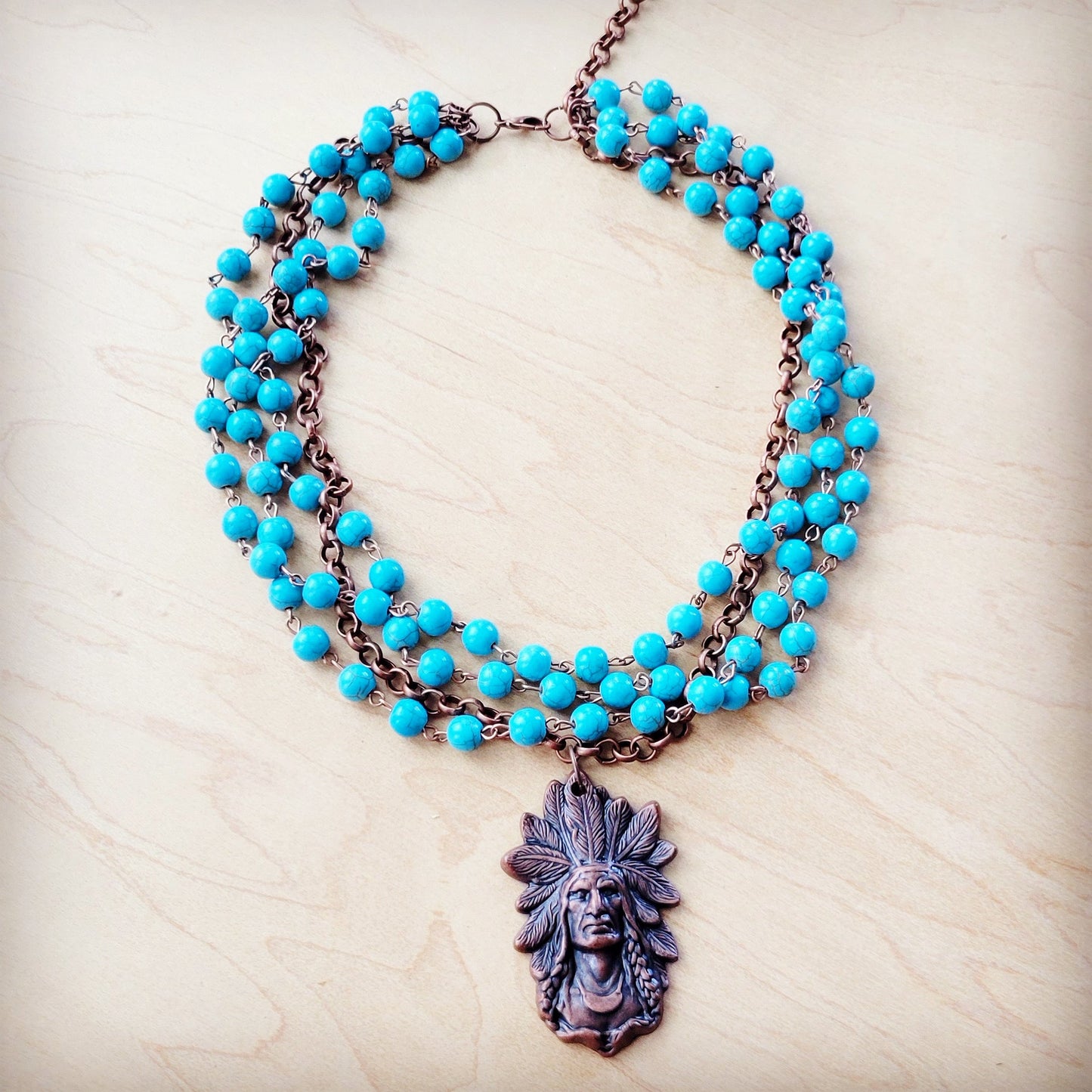 Blue Turquoise Beaded Collar Necklace w/ Indian Pendant 260w