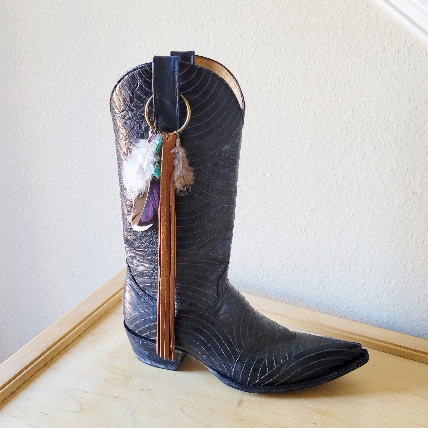 Boho Western Boot Bling Charm with Leather Fringe 500a