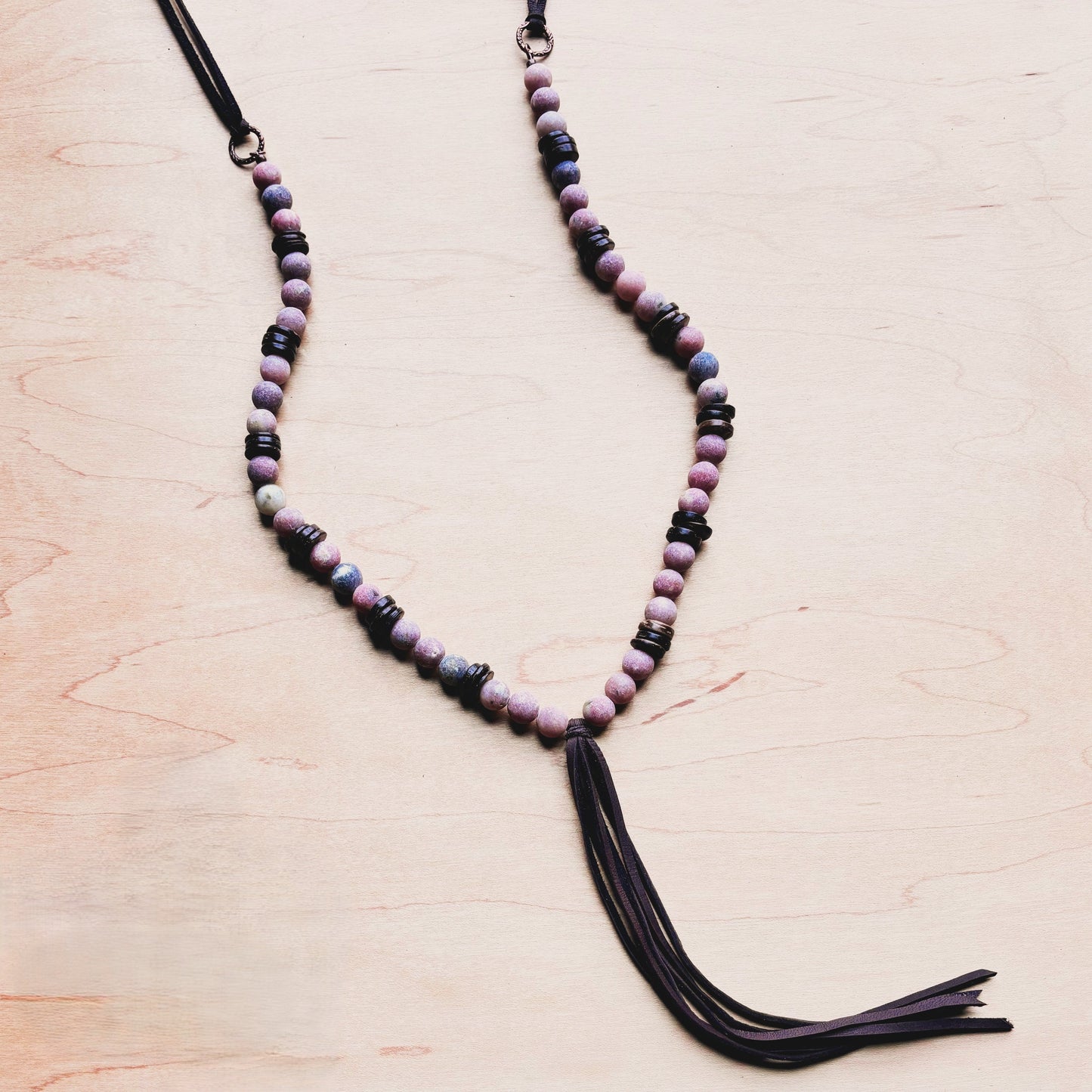 **Frosted Marble Jasper Necklace w/ Wood Beads & Leather Tassel 258b