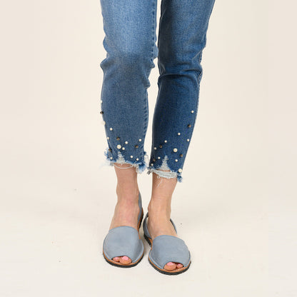 Pearl Beaded Distressed Hem Capris