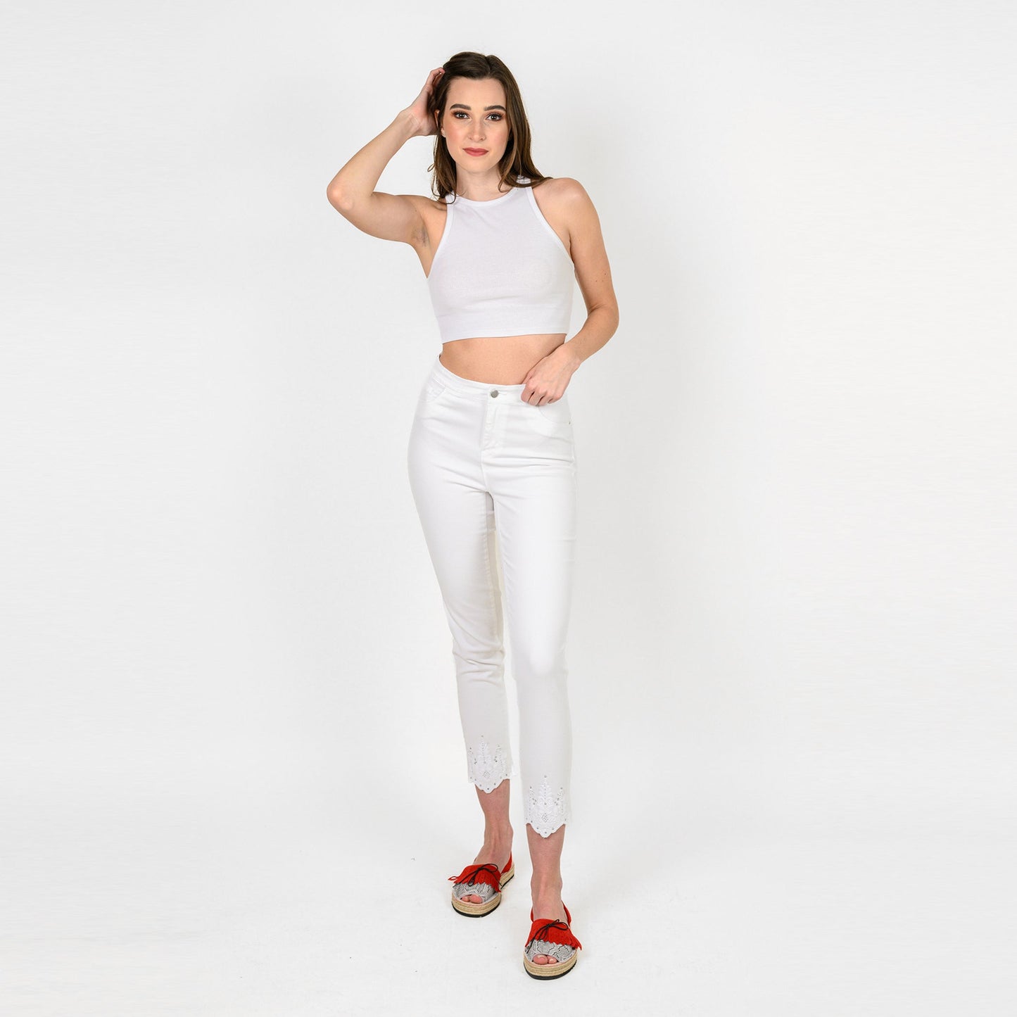 Embroidered Crystals Hem Capris