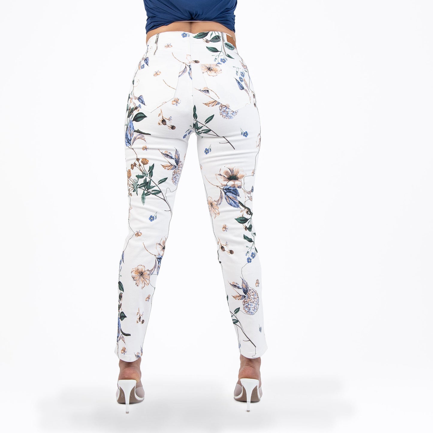 White and Purple Printed Capris Jeans