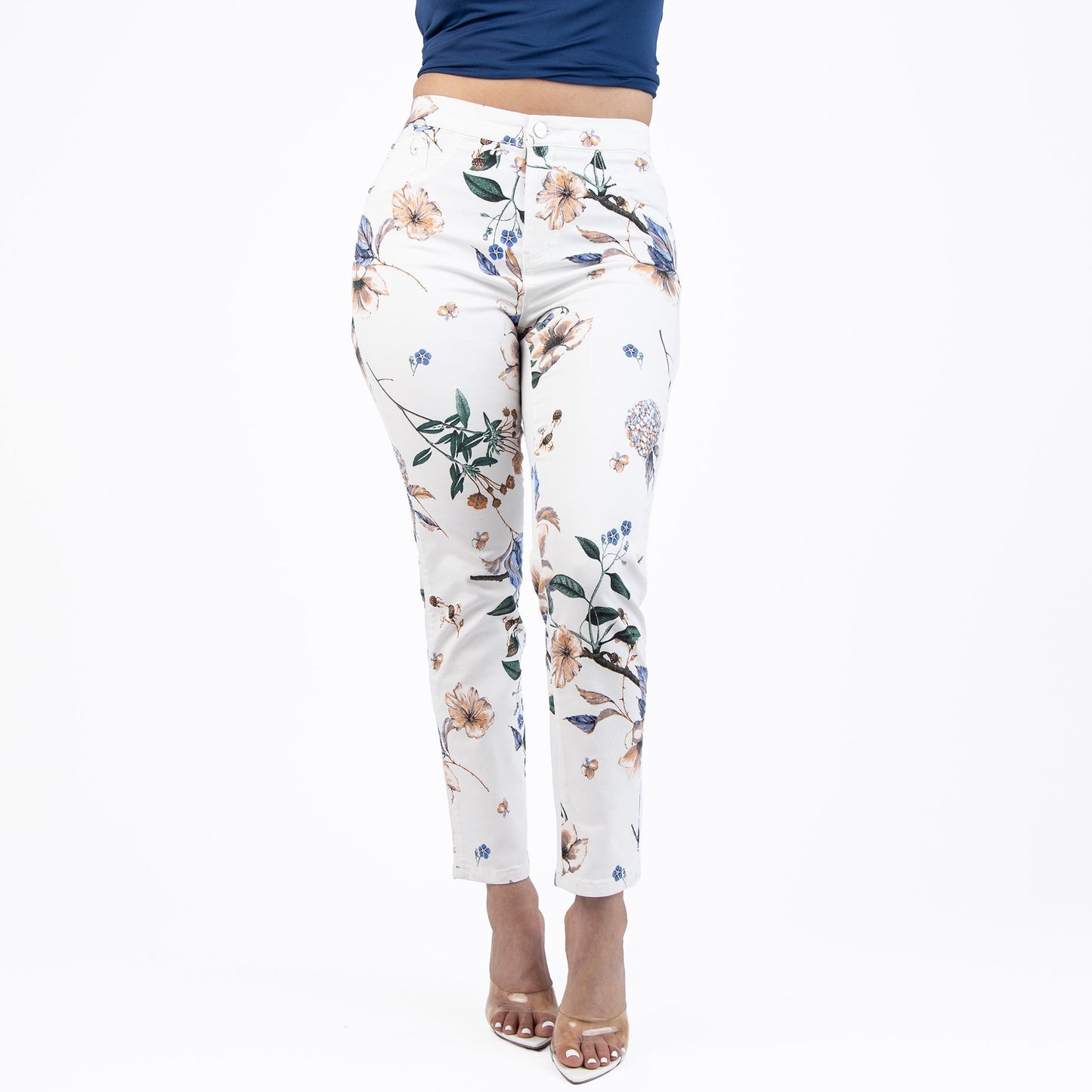 White and Purple Printed Capris Jeans