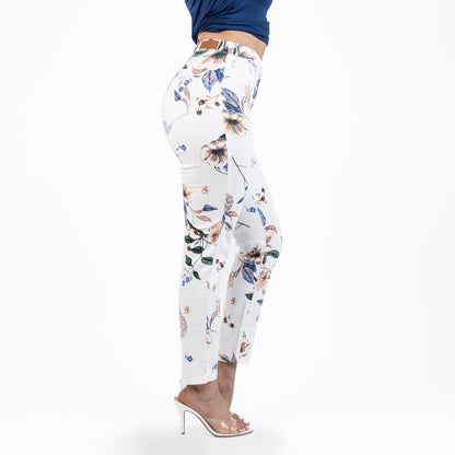 White and Purple Printed Capris Jeans