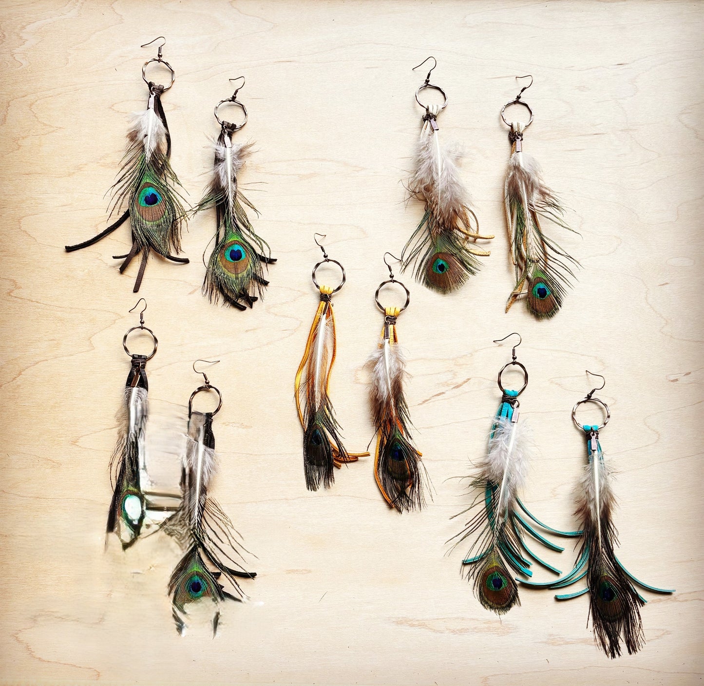 Black Deer Skin Leather Tassel Earring Peacock Feather 219j