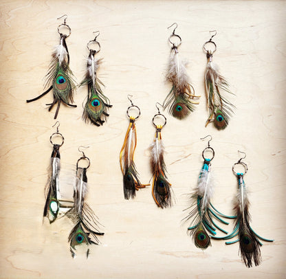 Yellow Deer Skin Leather Tassel Earring Peacock Feather 219i
