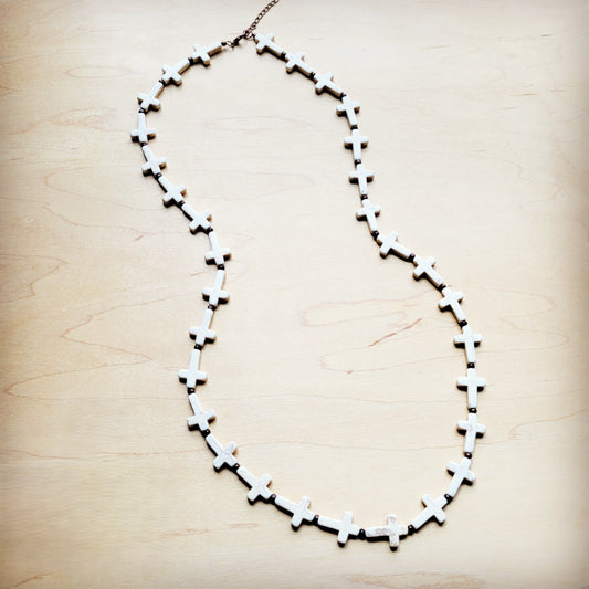 **White Turquoise & Wood Beaded Cross Necklace 258o