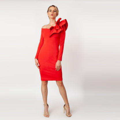 Asymmetric Ruffled Shoulder Sheath