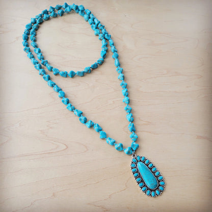 Long Western Turquoise Beaded Necklace w/ Squash Blossom Pendant 261w