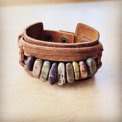 Genuine Leather Cuff with Picasso Jasper Gemstone Chunks 005c
