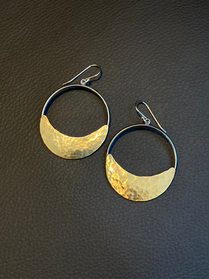 Crescent Moon Hoop Earrings in Oxidized Silver and Brass | Moon Phase Earrings