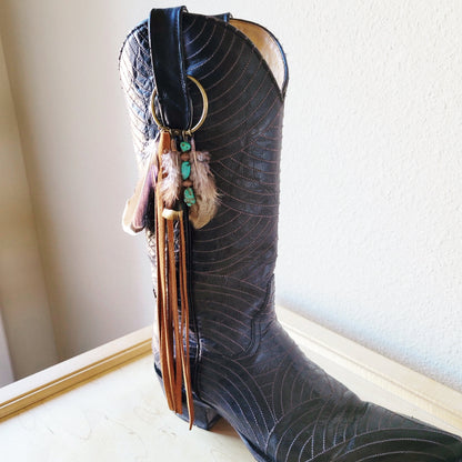 Boho Western Boot Bling Charm with Leather Fringe 500a
