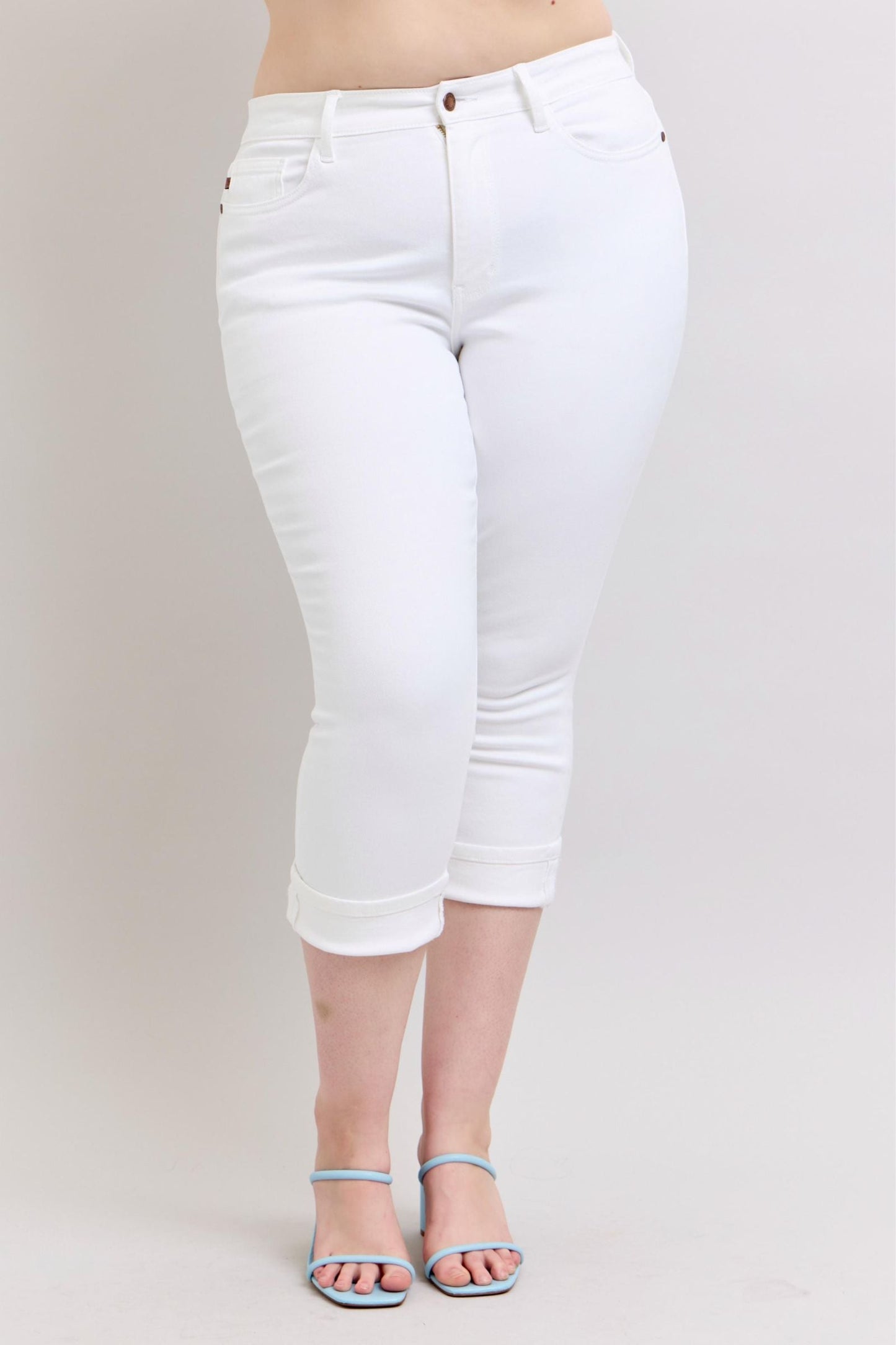Mid Rise White Capri W/Cuff