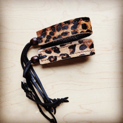 **Narrow Leather Cuff w/ Adjustable Tie Hair Hide Leopard 014p