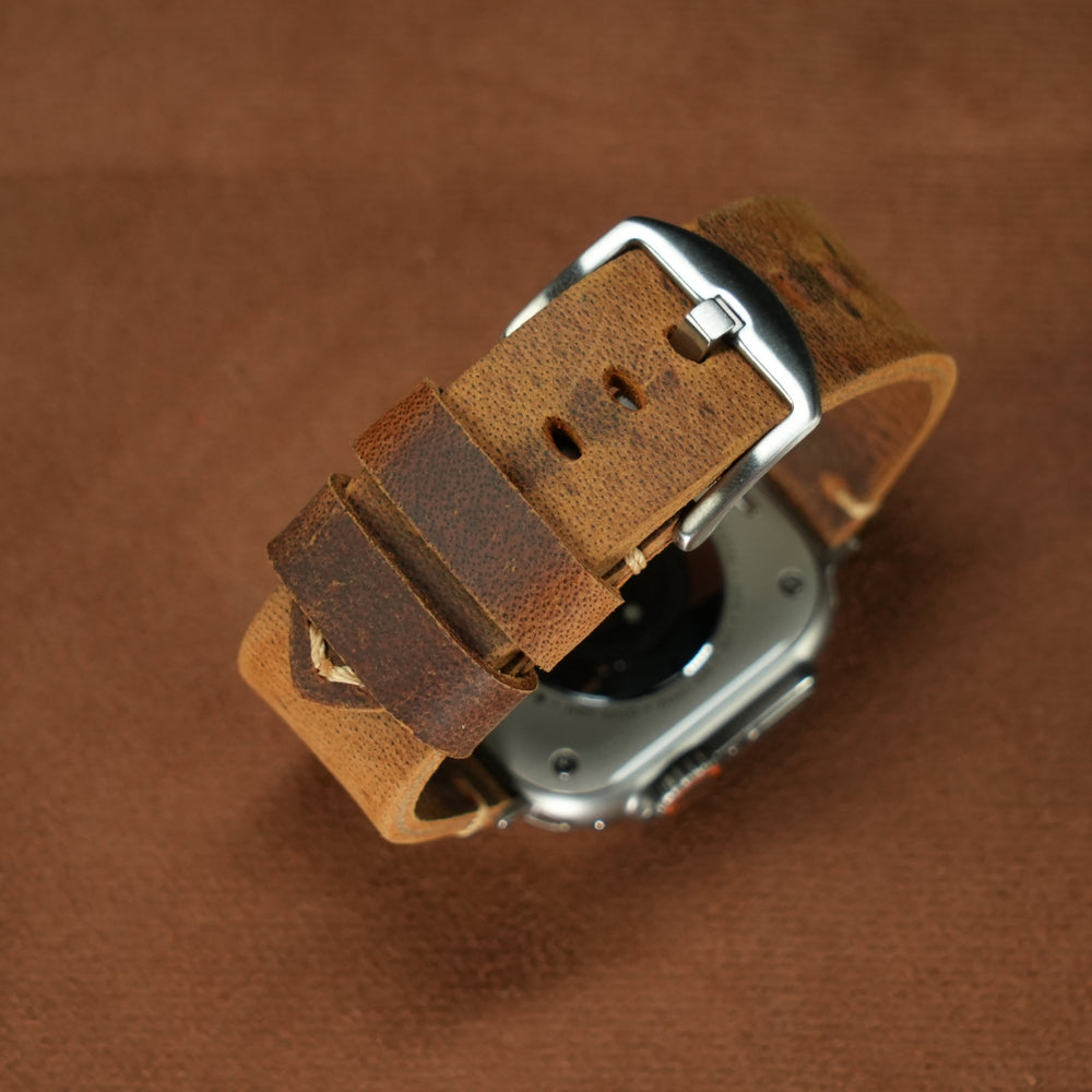 Vintage Distressed Leather Band for Apple Watch Series 10 – 100% Cowhide, One-Piece Hand-Stitched, Patina-Ready