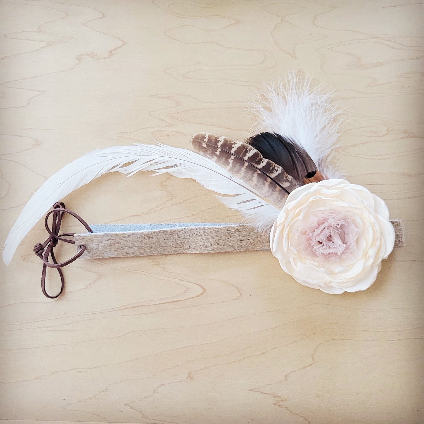 Leather Hat Band w/ Silk Flower & Feathers-Ivory (Band Only) 952s