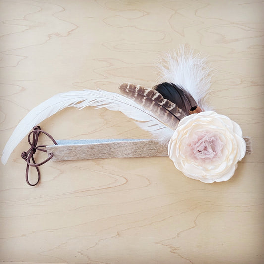 Leather Hat Band w/ Silk Flower & Feathers-Ivory (Band Only) 952s