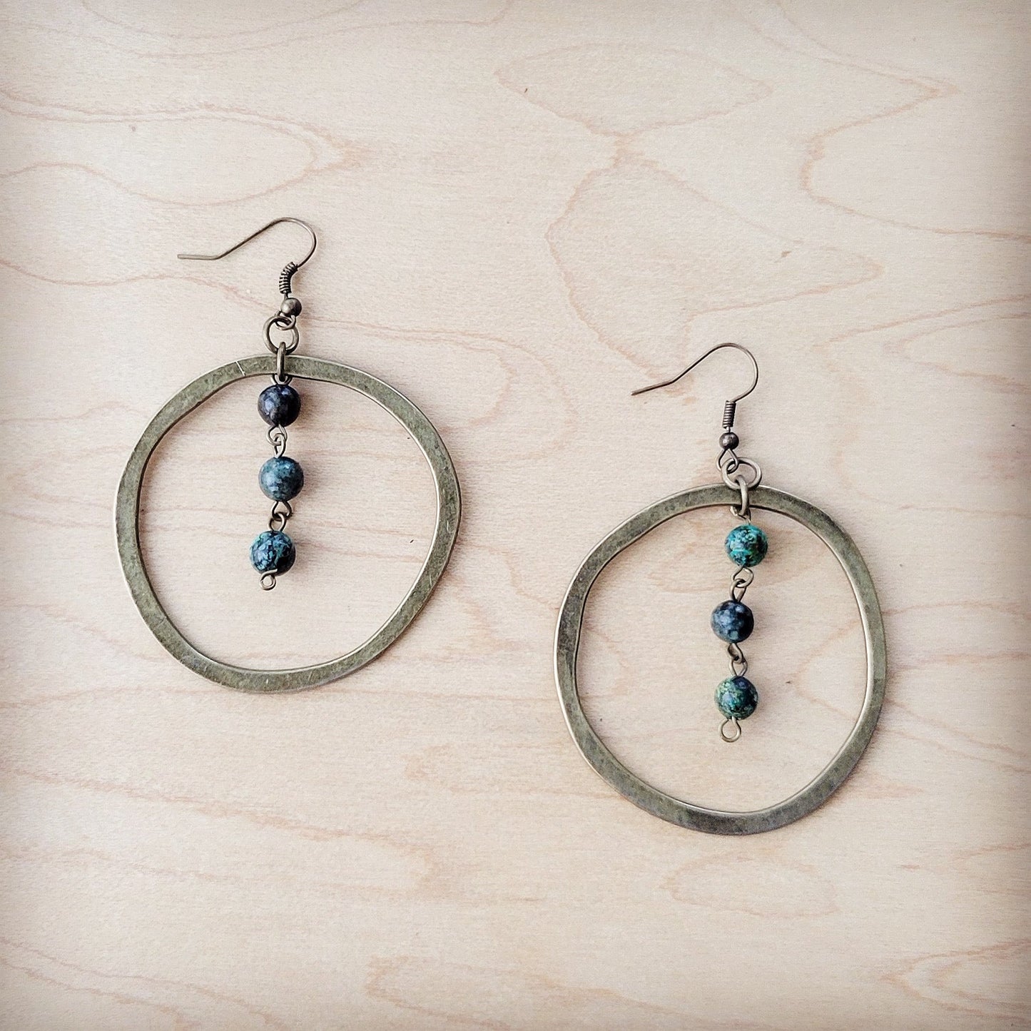 Western Copper Hoop Earrings w/ African Turquoise Beads 200t