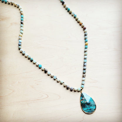 Frosted Amazonite Long Beaded Necklace with Agate Pendant 260o