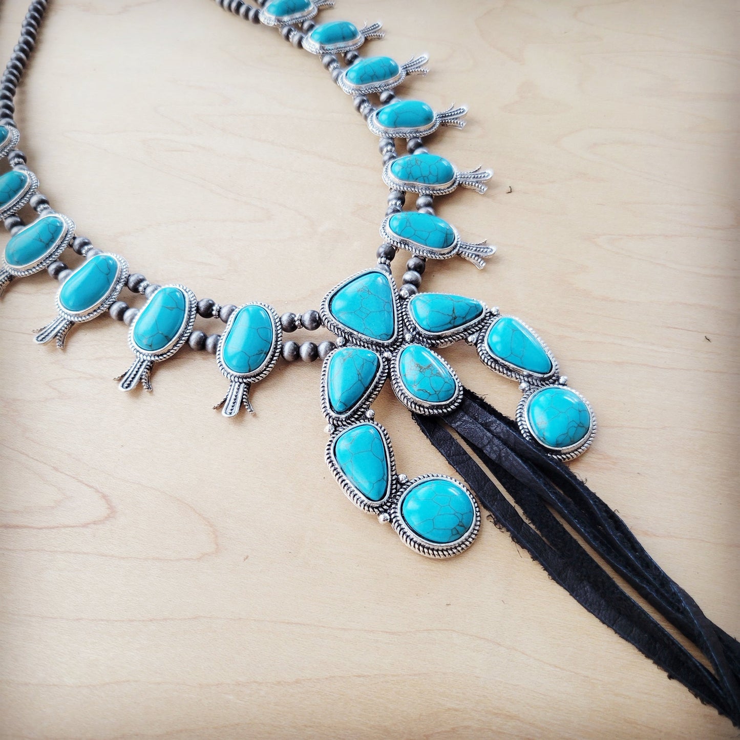 Turquoise Squash Blossom Necklace w/ Long Black Tassel 262b