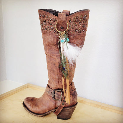 Boho Western Leather Boot Bling Charm Peacock & Key 500j