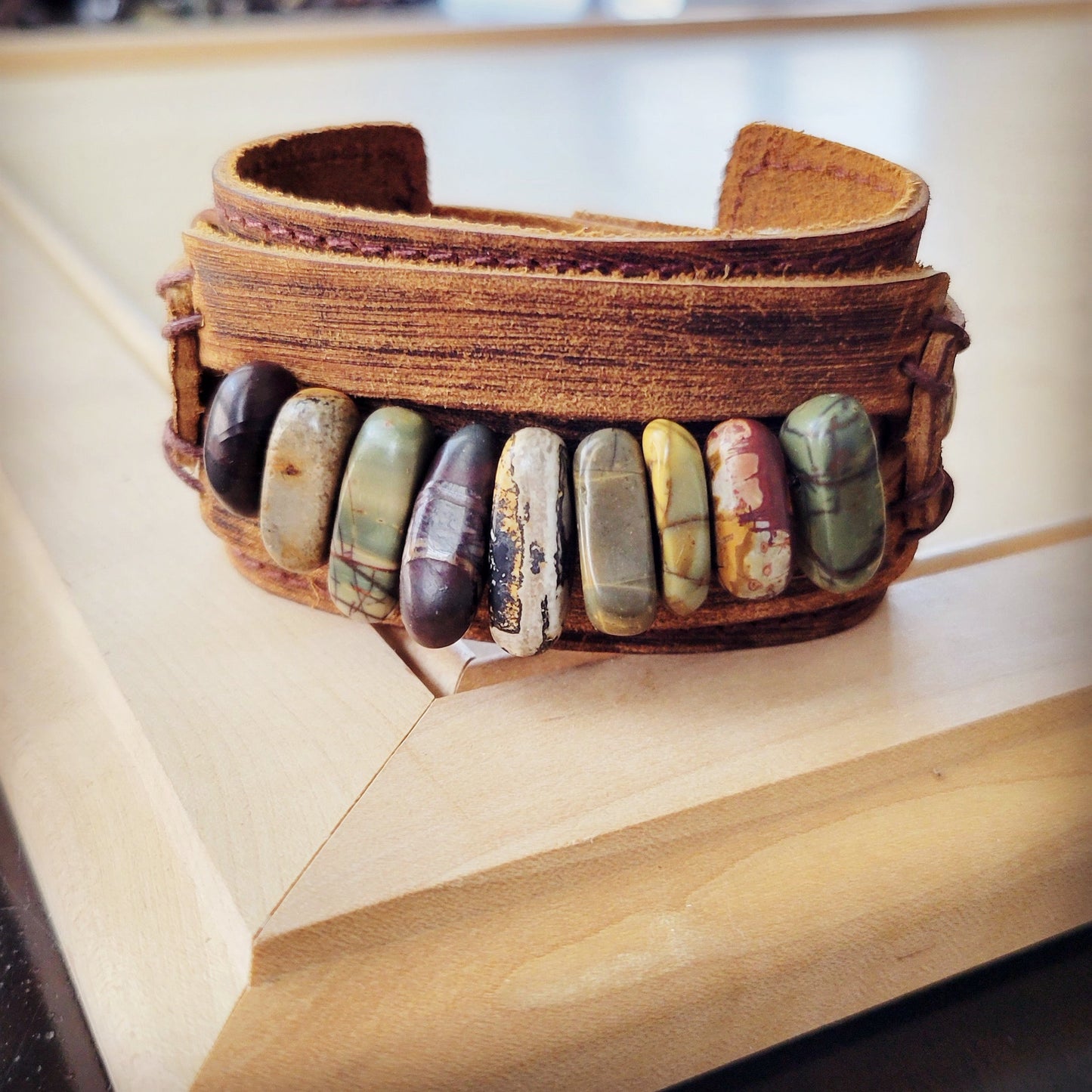 Genuine Leather Cuff with Picasso Jasper Gemstone Chunks 005c