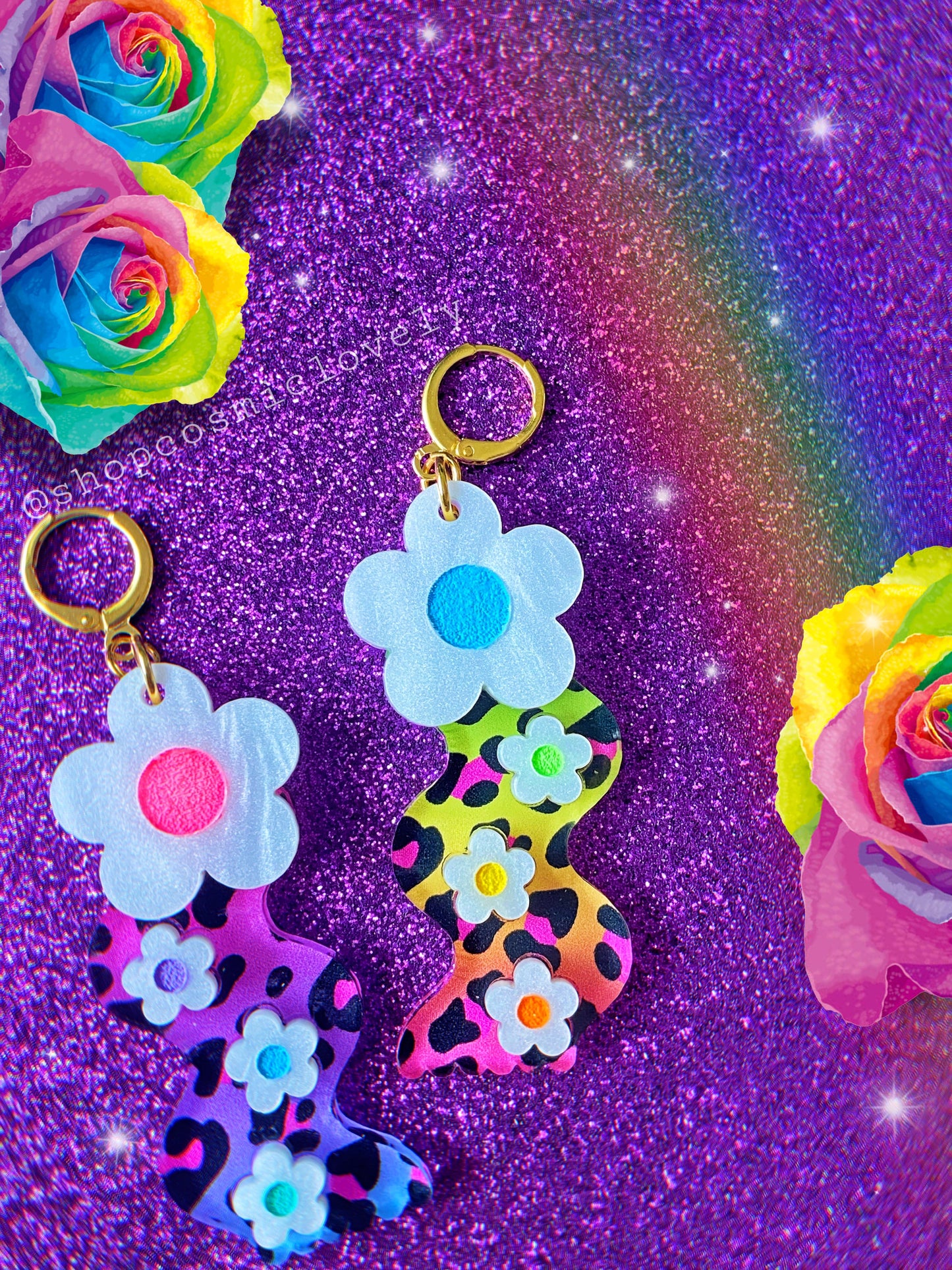 Rainbow Leopard Wavy Daisy Earrings