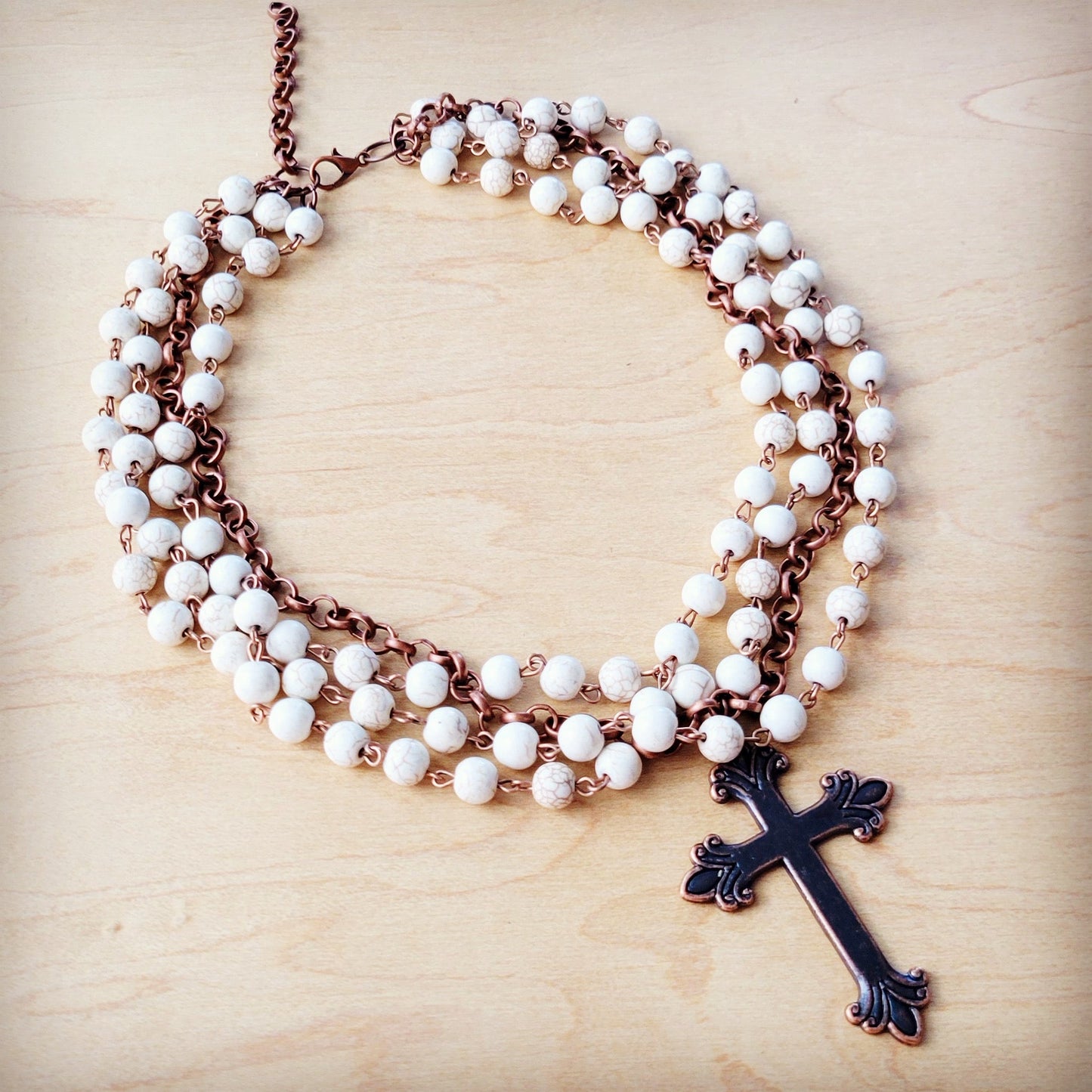 White Turquoise Beaded Collar Necklace w/ Cross Pendant 260z