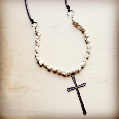 White Chunky Turquoise Necklace w/ Large Copper Cross 254g
