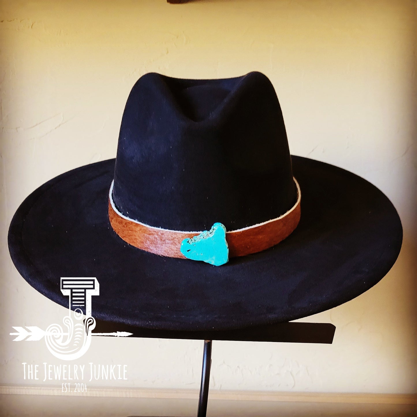 Boho Western Felt Hat w/ Choice of Leather Hat Band w/ Turquoise Slab-Black 980j